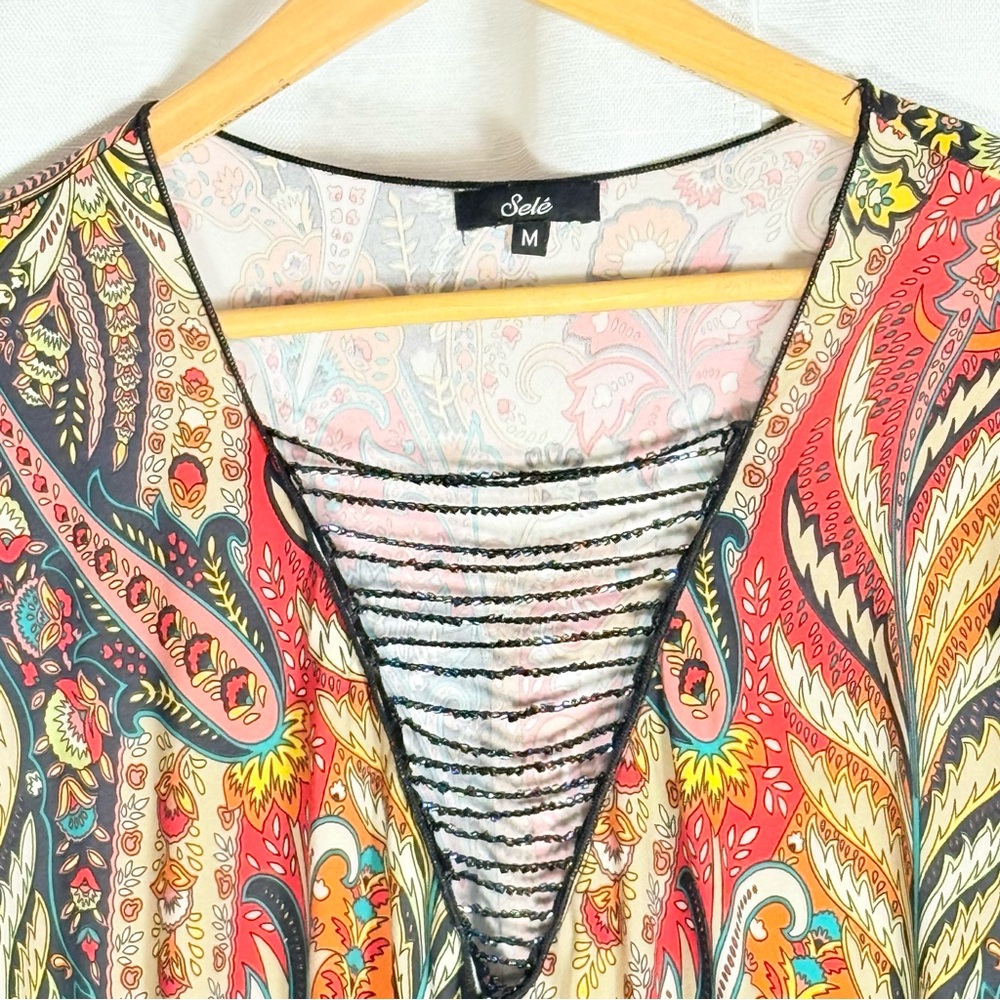 Sele  Multicolor Paisley Blouse with bead mock necklace smocked bottom size M - Picture 2 of 7